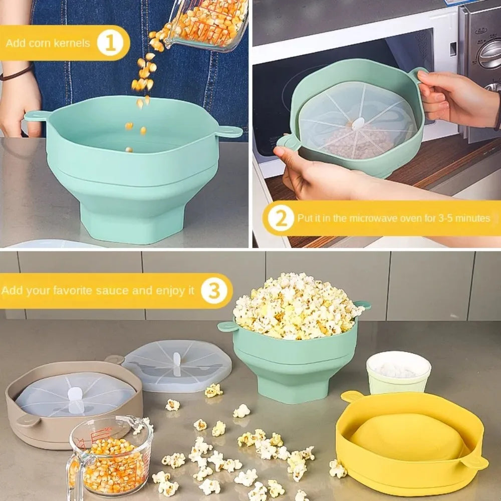 Silicone Microwave Popcorn Popper Collapsible Bowl with Lid DIY Popcorn Bucket Dishwasher Safe for Home Movie Baking Tool